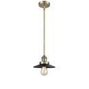 Railroad Mini Pendant shown in the Antique Brass finish with a Matte Black shade