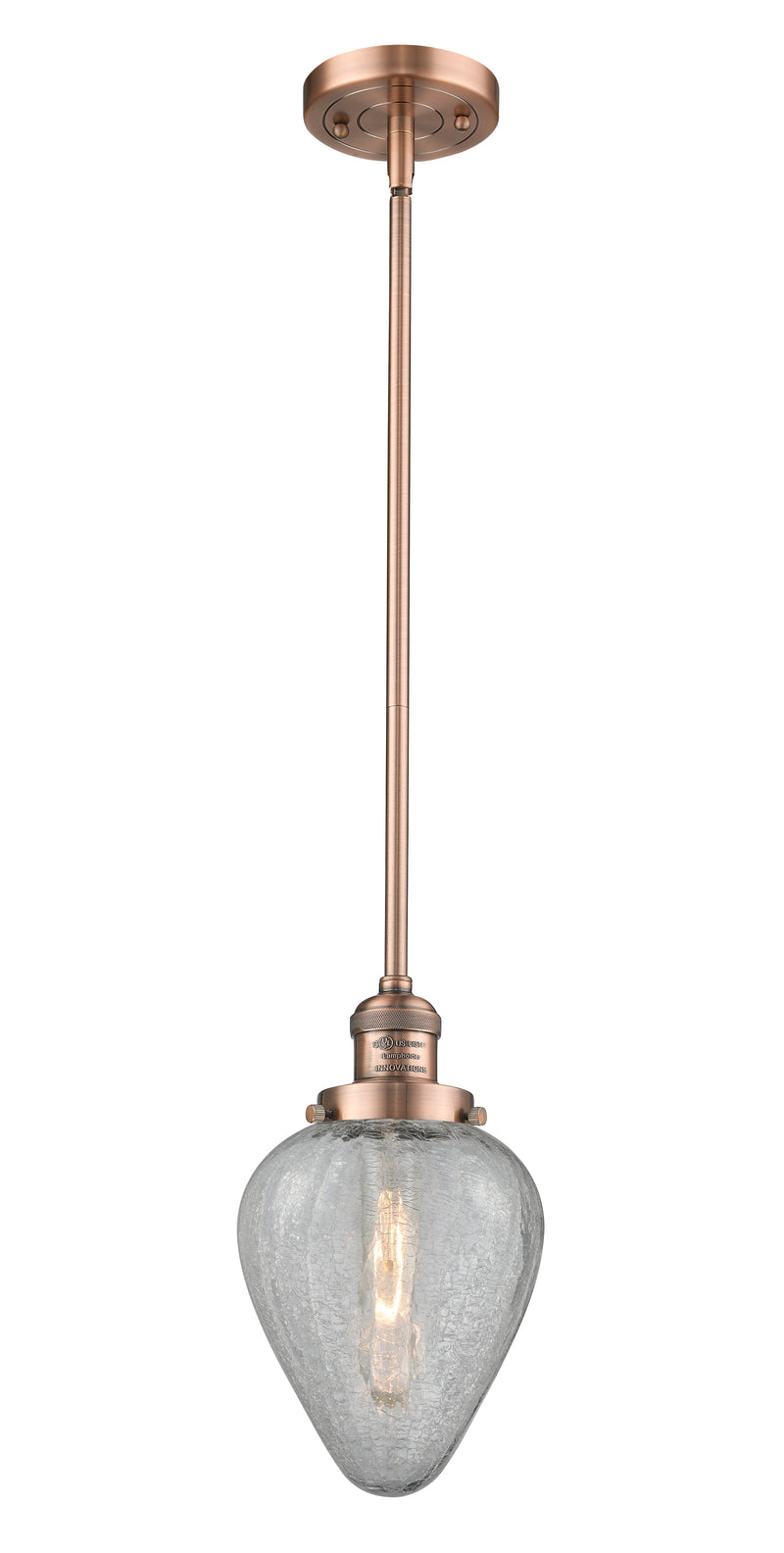 Innovations Lighting Geneseo 1-100 watt 6.5 inch Antique Copper Mini Pendant with Clear Crackle glass and Solid Brass Hang Straight Swivel 201SACG165