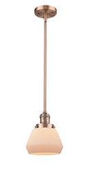 Innovations Lighting Fulton 1-100 watt 7 inch Antique Copper Mini Pendant with Matte White Cased glass and Solid Brass Hang Straight Swivel 201SACG171