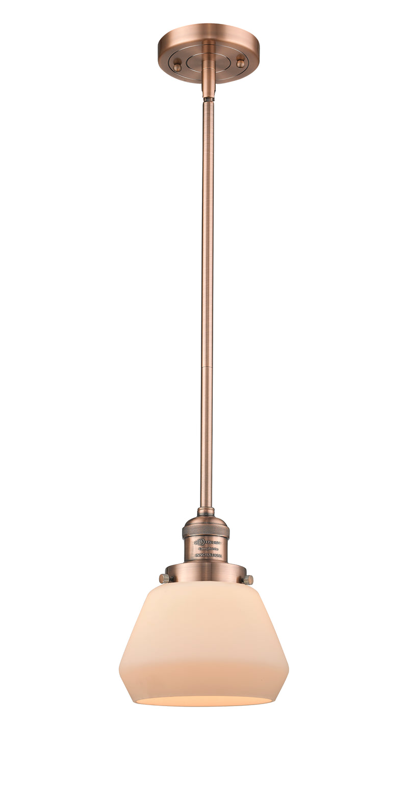 Innovations Lighting Fulton 1-100 watt 7 inch Antique Copper Mini Pendant with Matte White Cased glass and Solid Brass Hang Straight Swivel 201SACG171