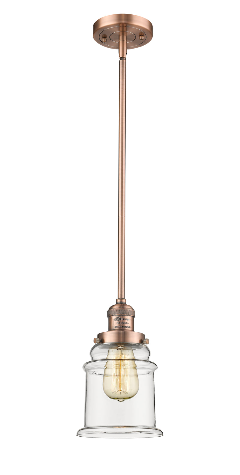 Innovations Lighting Canton 1-100 watt 6.5 inch Antique Copper Mini Pendant with Clear glass and Solid Brass Hang Straight Swivel 201SACG182