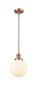 Innovations Lighting Beacon 1-100 watt 8 inch Antique Copper Mini Pendant with Matte White Cased glass and Solid Brass Hang Straight Swivel 201SACG2018