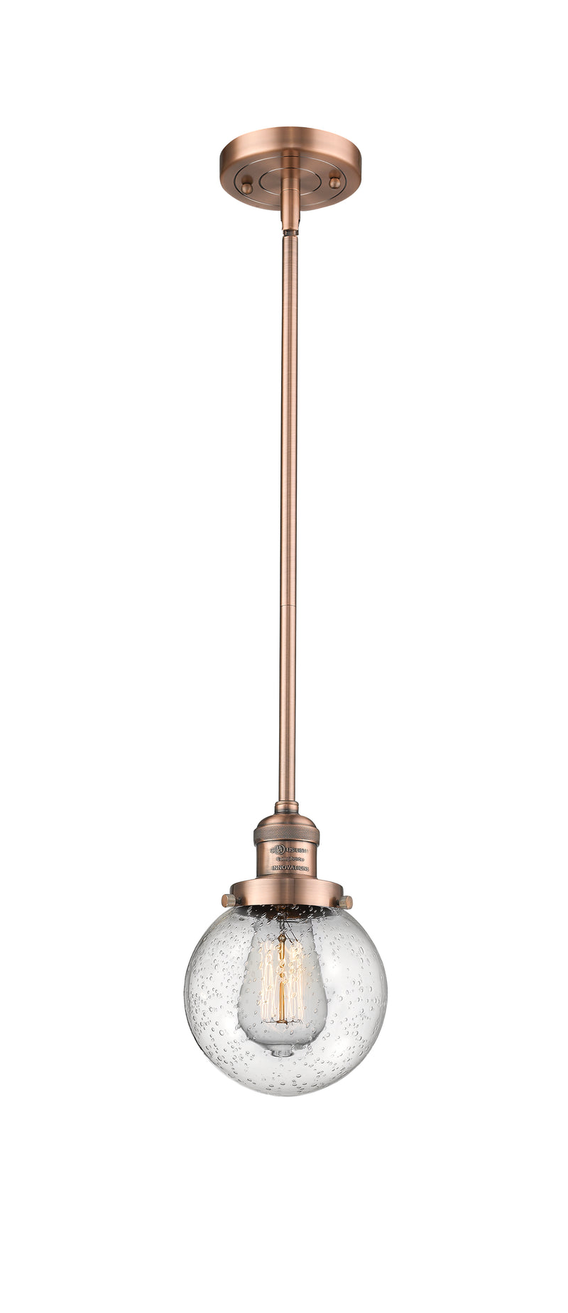 Innovations Lighting Beacon 1-100 watt 6 inch Antique Copper Mini Pendant with Seedy glass and Solid Brass Hang Straight Swivel 201SACG2046