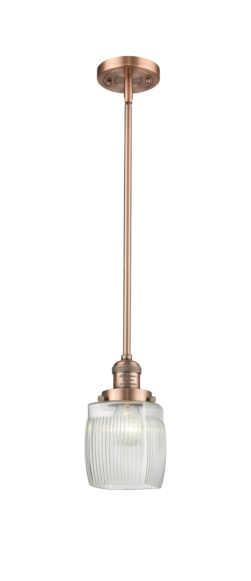 Innovations Lighting Colton 1-100 watt 8 inch Antique Copper Mini Pendant with Thick Clear Halophane glass and Solid Brass Hang Straight Swivel 201SACG302