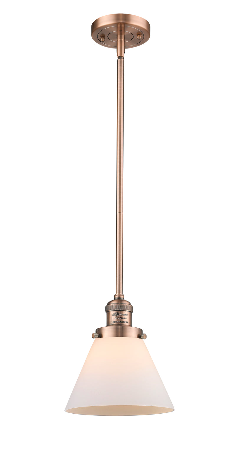 Innovations Lighting Large Cone 1-100 watt 8 inch Antique Copper Mini Pendant with Matte White Cased glass and Solid Brass Hang Straight Swivel 201SACG41