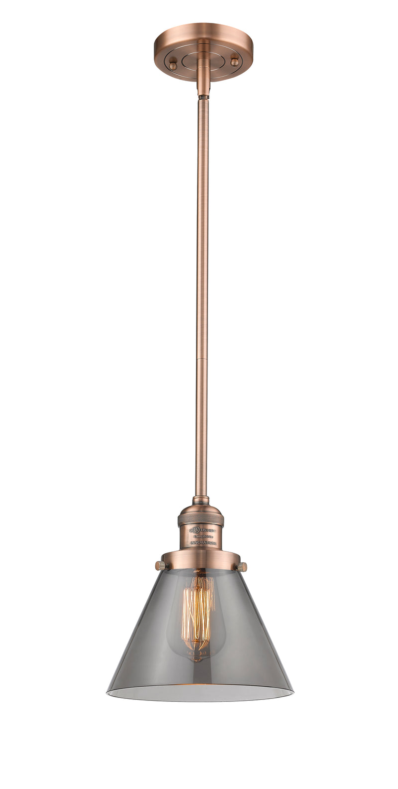 Innovations Lighting Large Cone 1-100 watt 8 inch Antique Copper Mini Pendant with Smoked glass and Solid Brass Hang Straight Swivel 201SACG43