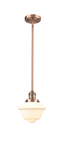 Innovations Lighting Small Oxford 1-100 watt 8 inch Antique Copper Mini Pendant with Matte White Cased glass and Solid Brass Hang Straight Swivel 201SACG531