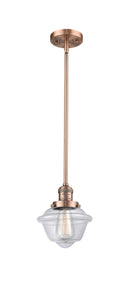 Innovations Lighting Small Oxford 1-100 watt 8 inch Antique Copper Mini Pendant with Clear glass and Solid Brass Hang Straight Swivel 201SACG532