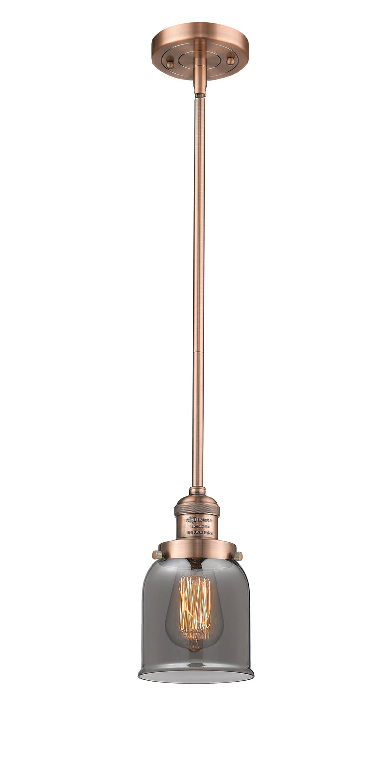 Innovations Lighting Small Bell 1-100 watt 5 inch Antique Copper Mini Pendant with Smoked glass and Solid Brass Hang Straight Swivel 201SACG53