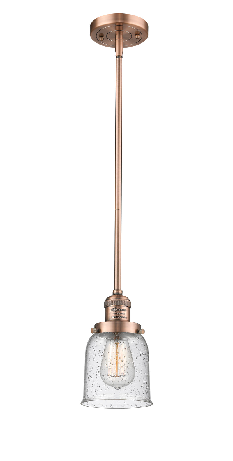 Innovations Lighting Small Bell 1-100 watt 5 inch Antique Copper Mini Pendant with Seedy glass and Solid Brass Hang Straight Swivel 201SACG54