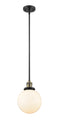 Innovations Lighting Beacon 1-100 watt 8 inch Black Antique Brass Mini Pendant with Matte White Cased glass and Solid Brass Hang Straight Swivel 201SBABG2018