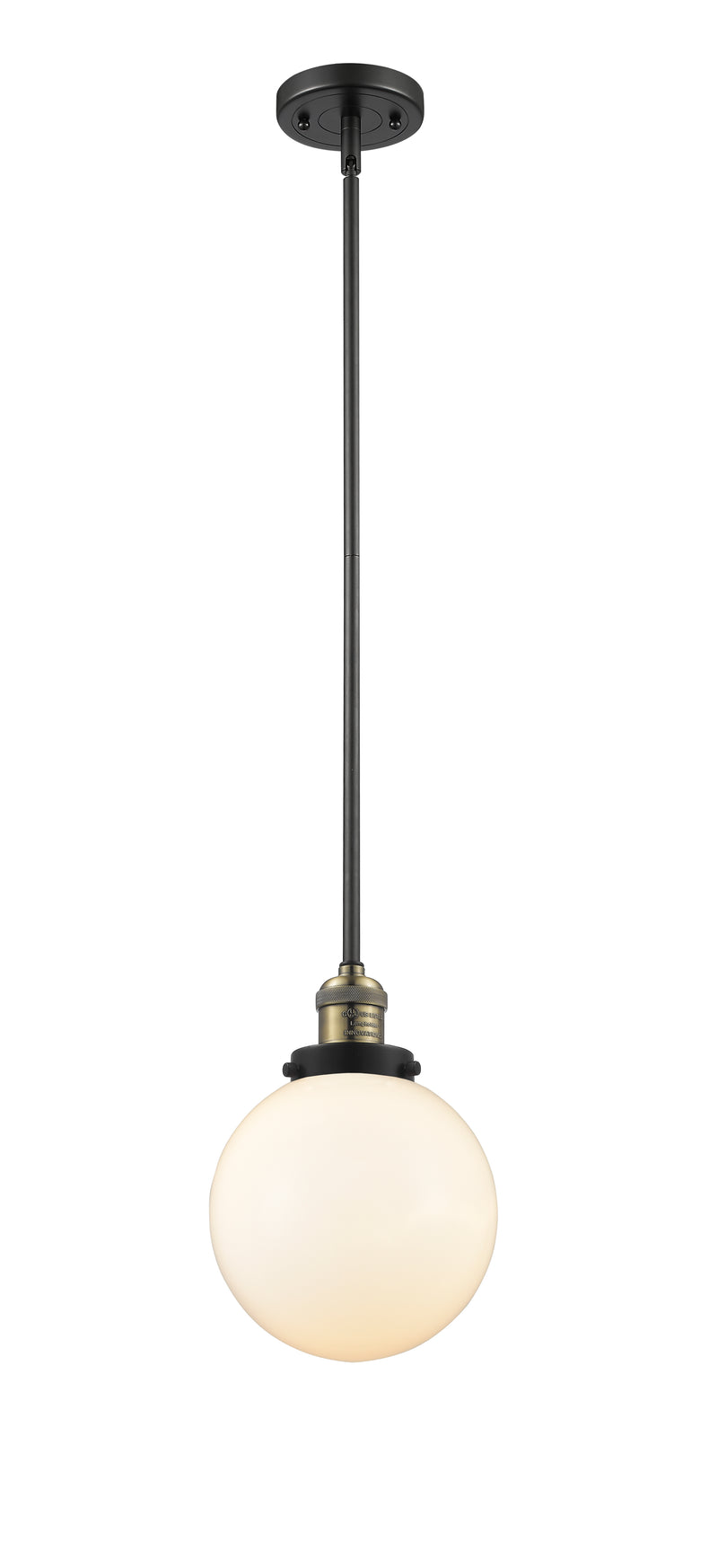 Innovations Lighting Beacon 1-100 watt 8 inch Black Antique Brass Mini Pendant with Matte White Cased glass and Solid Brass Hang Straight Swivel 201SBABG2018