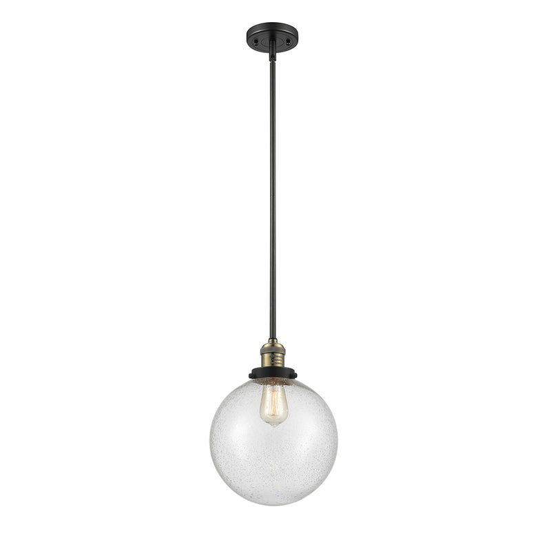 Beacon Mini Pendant shown in the Black Antique Brass finish with a Seedy shade