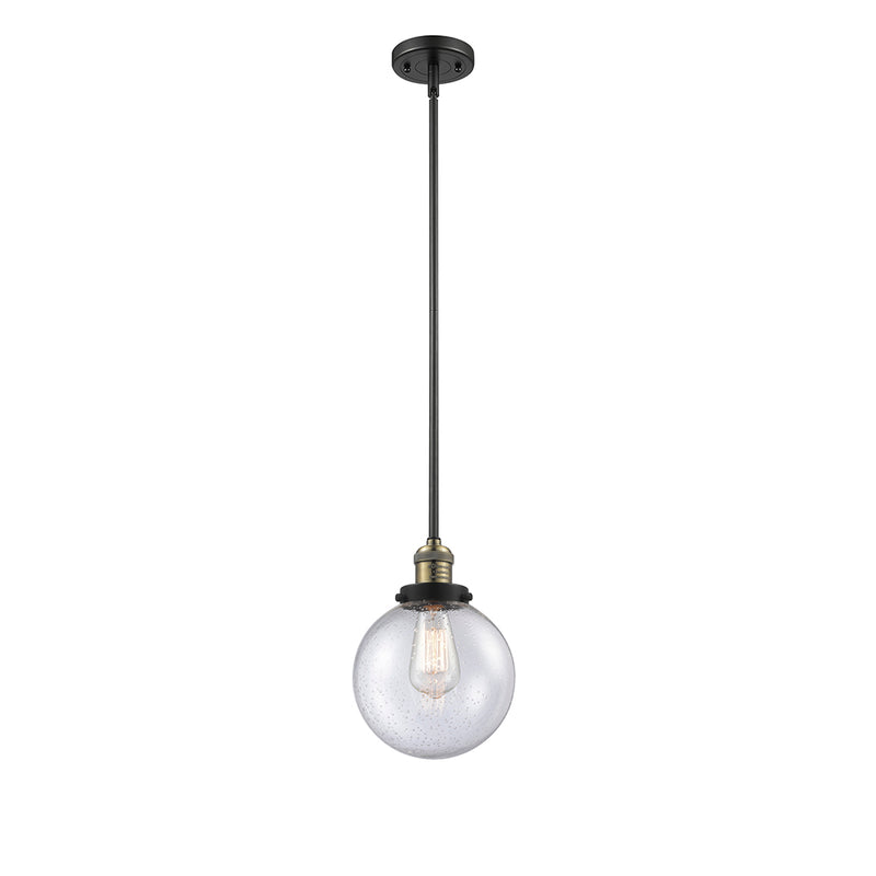 Beacon Mini Pendant shown in the Black Antique Brass finish with a Seedy shade