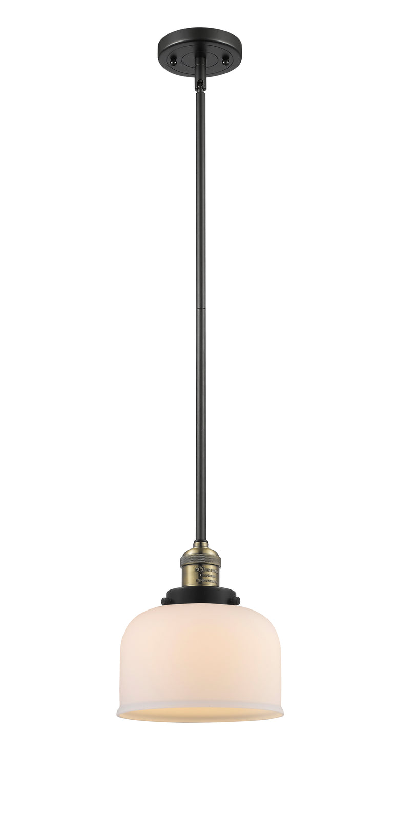 Innovations Lighting Large Bell 1-100 watt 8 inch Black Antique Brass Mini Pendant with Matte White Cased glass and Solid Brass Hang Straight Swivel 201SBABG71