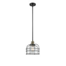 Bell Cage Mini Pendant shown in the Black Antique Brass finish with a Seedy shade