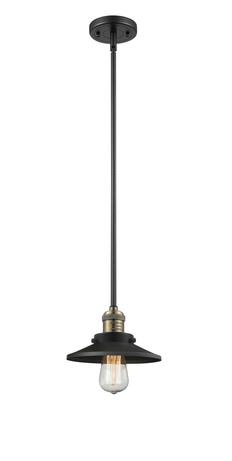 Innovations Lighting Railroad 1-100 watt 8 inch Black Antique Brass Mini Pendant with Matte Black Railroad shades and Solid Brass Hang Straight Swivel 201SBABM6