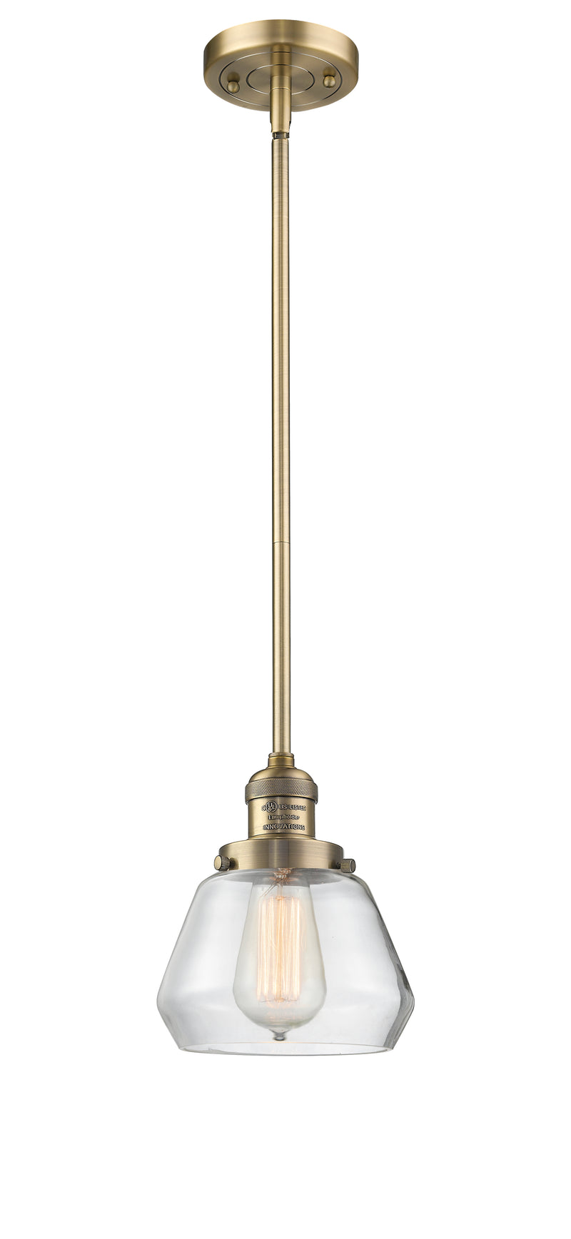 Innovations Lighting Fulton 1-100 watt 7 inch Brushed Brass Mini Pendant with Clear glass and Solid Brass Hang Straight Swivel 201SBBG172