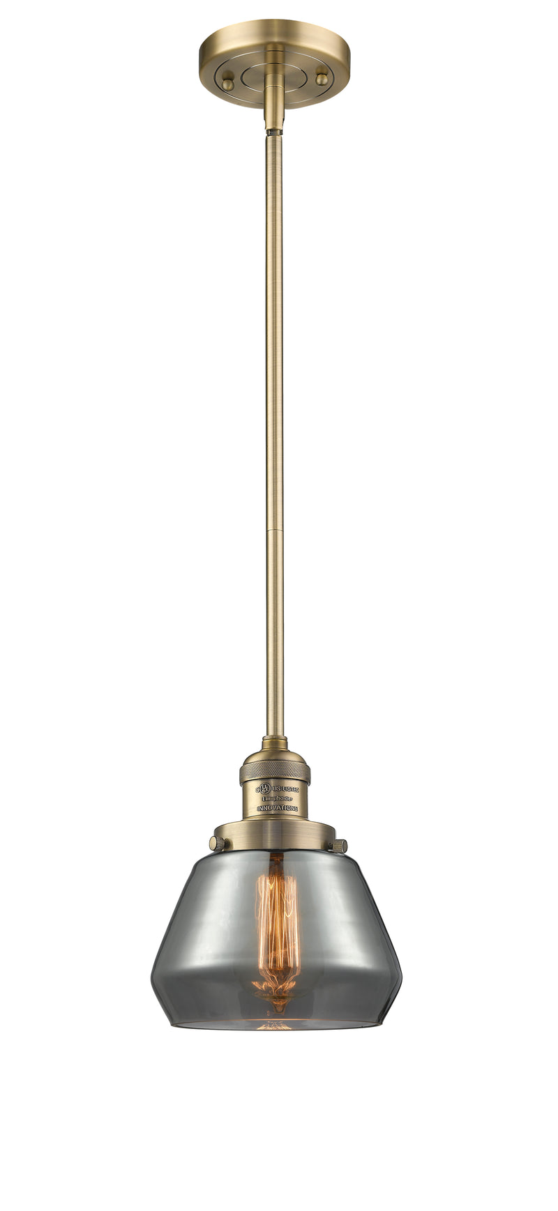 Innovations Lighting Fulton 1-100 watt 7 inch Brushed Brass Mini Pendant with Smoked glass and Solid Brass Hang Straight Swivel 201SBBG173