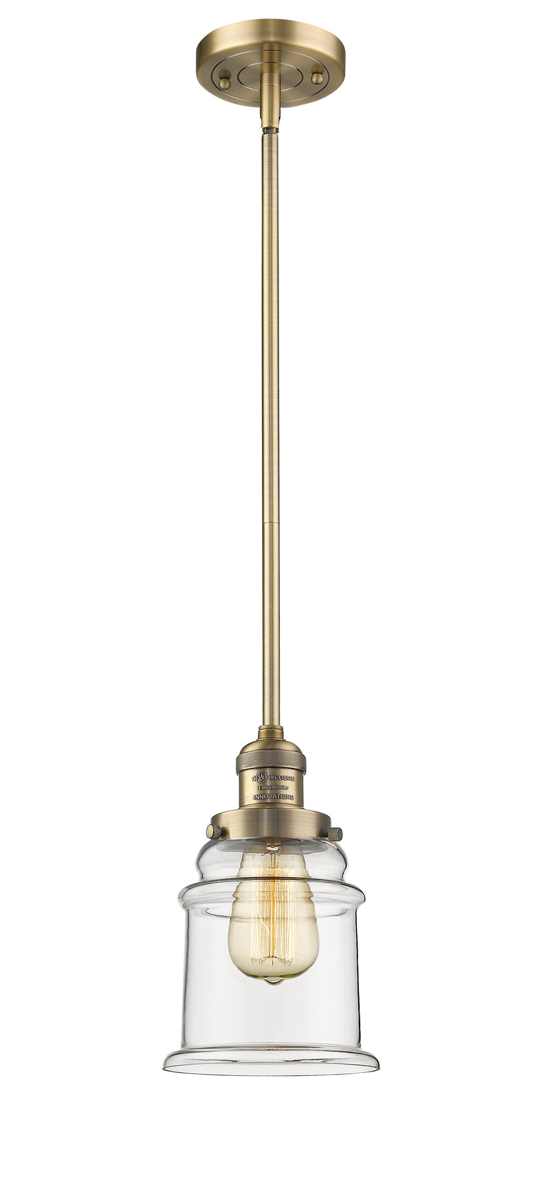 Innovations Lighting Canton 1-100 watt 6.5 inch Brushed Brass Mini Pendant with Clear glass and Solid Brass Hang Straight Swivel 201SBBG182