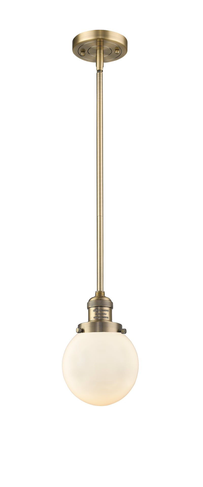 Innovations Lighting Beacon 1-100 watt 6 inch Brushed Brass Mini Pendant with Matte White Cased glass and Solid Brass Hang Straight Swivel 201SBBG2016