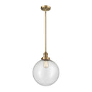Beacon Mini Pendant shown in the Brushed Brass finish with a Seedy shade