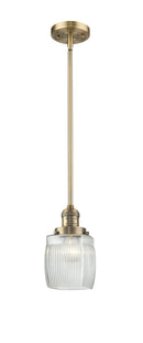 Innovations Lighting Colton 1-100 watt 8 inch Brushed Brass Mini Pendant with Thick Clear Halophane glass and Solid Brass Hang Straight Swivel 201SBBG302