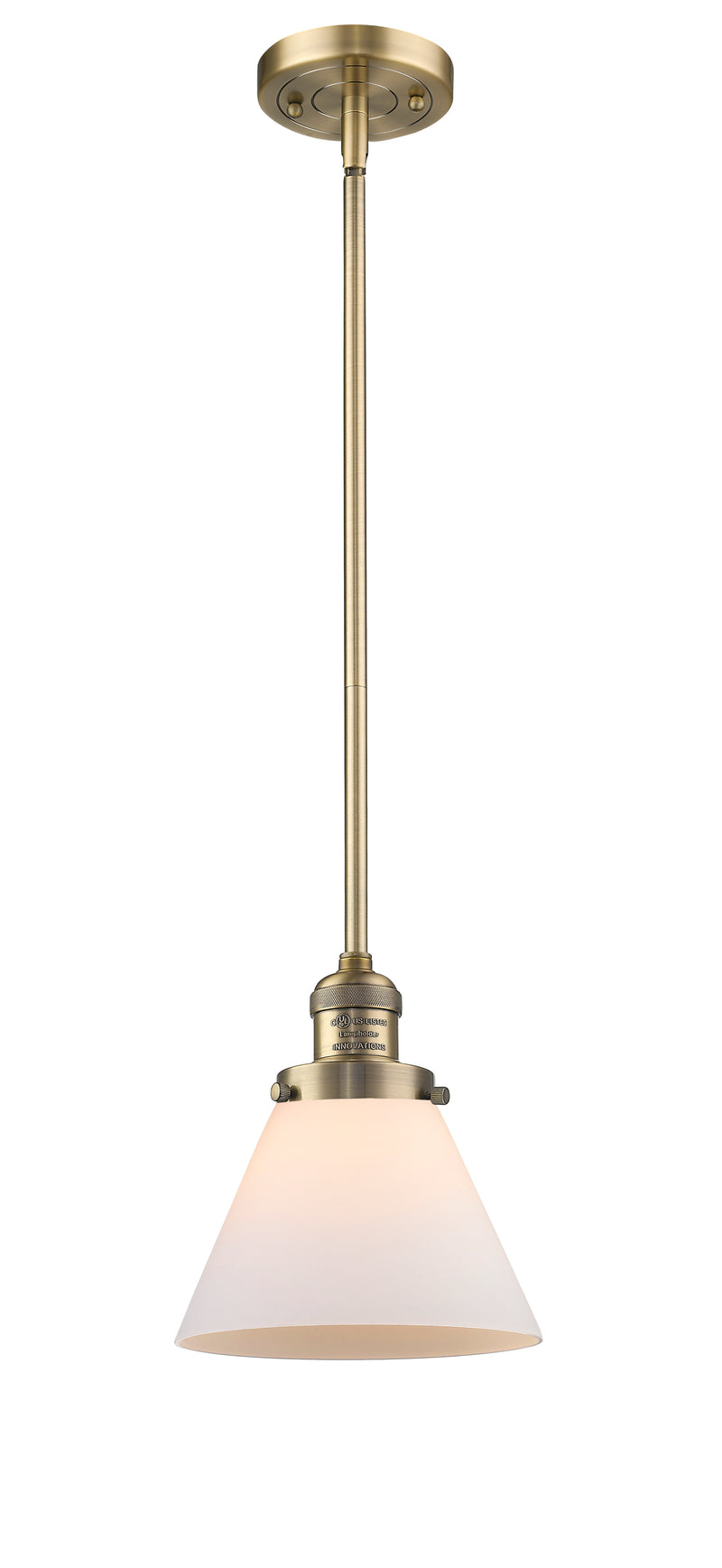 Innovations Lighting Large Cone 1-100 watt 8 inch Brushed Brass Mini Pendant with Matte White Cased glass and Solid Brass Hang Straight Swivel 201SBBG41