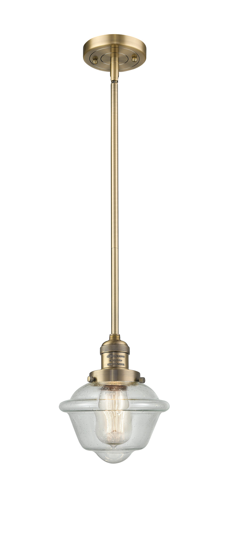 Innovations Lighting Small Oxford 1-100 watt 8 inch Brushed Brass Mini Pendant with Seedy glass and Solid Brass Hang Straight Swivel 201SBBG534