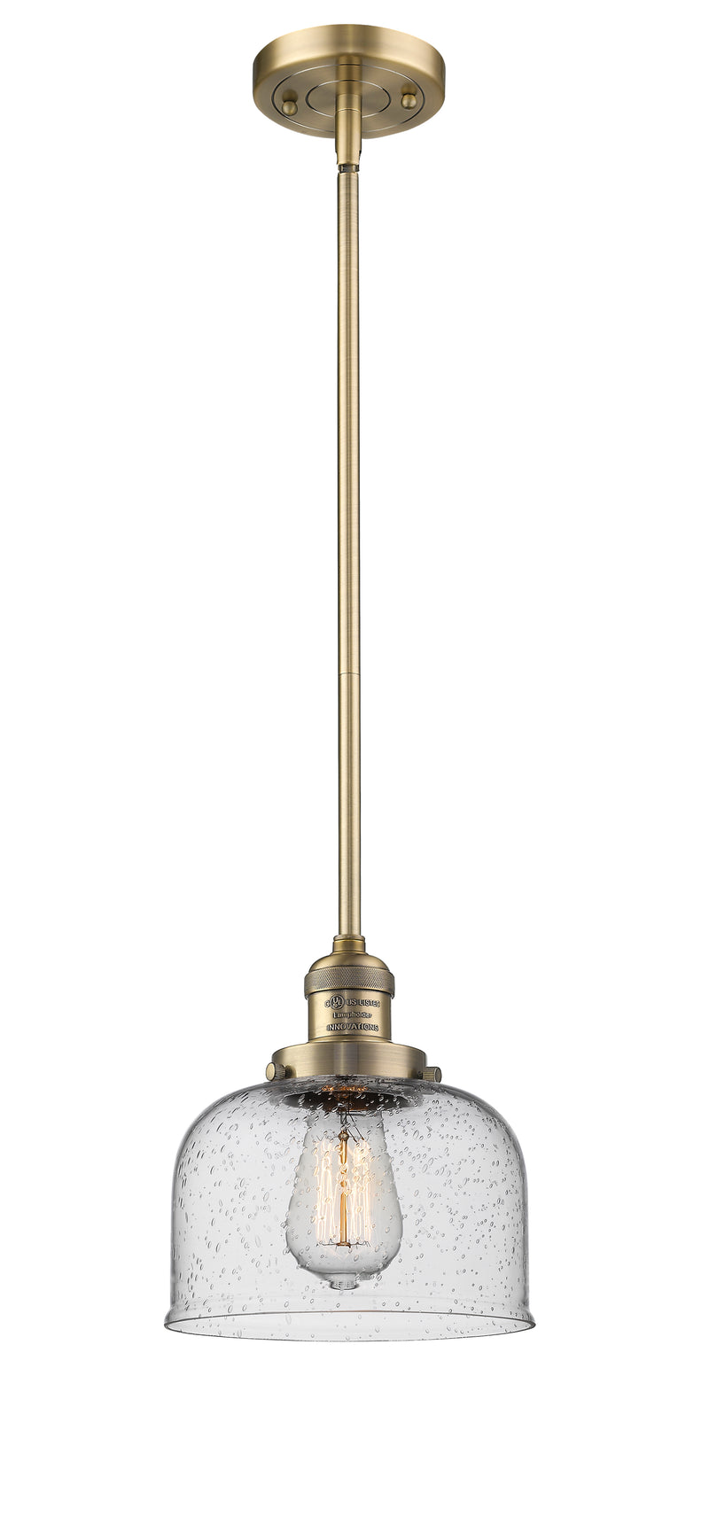 Innovations Lighting Large Bell 1-100 watt 8 inch Brushed Brass Mini Pendant with Seedy glass and Solid Brass Hang Straight Swivel 201SBBG74