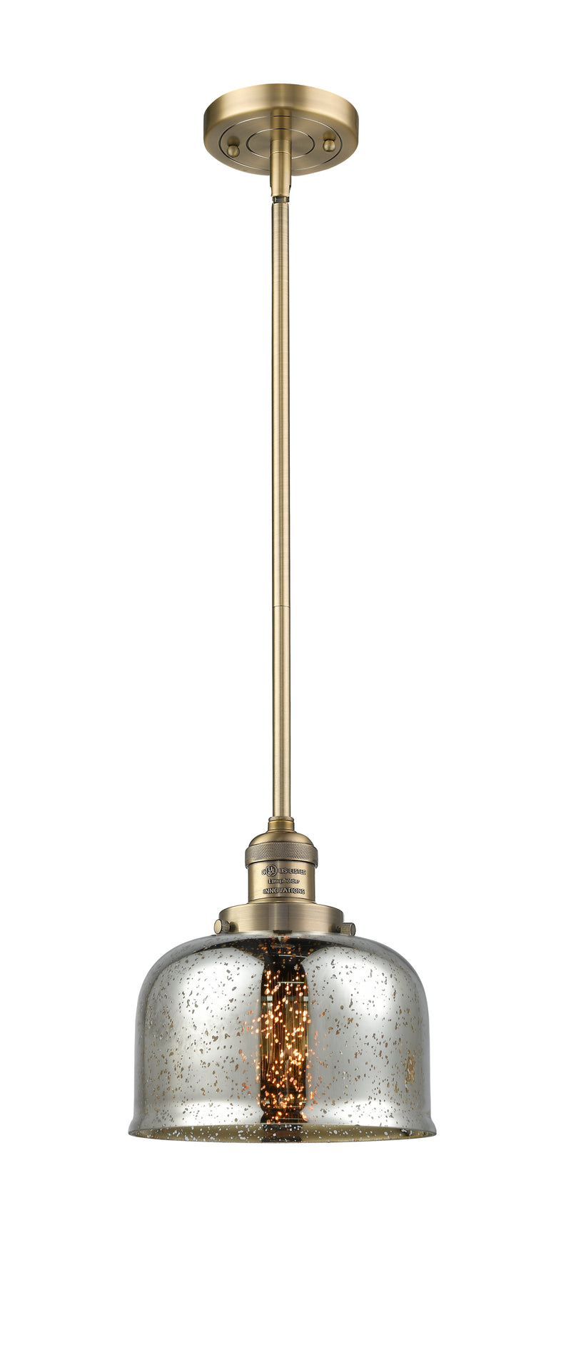 Innovations Lighting Large Bell 1-100 watt 8 inch Brushed Brass Mini Pendant with Silver Plated Mercury glass and Solid Brass Hang Straight Swivel 201SBBG78