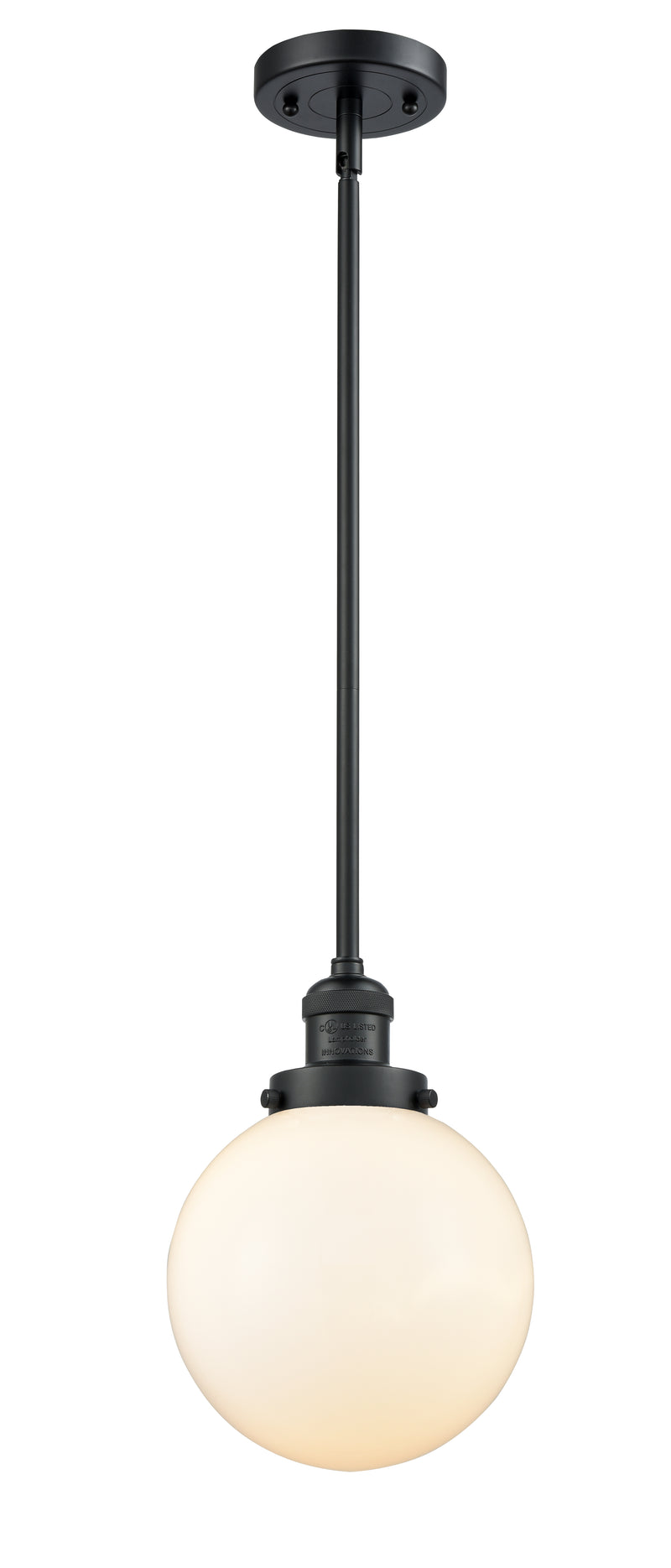 Innovations Lighting Beacon 1-100 watt 8 inch Black Mini Pendant with Matte White Cased glass and Solid Brass Hang Straight Swivel 201SBKG2018