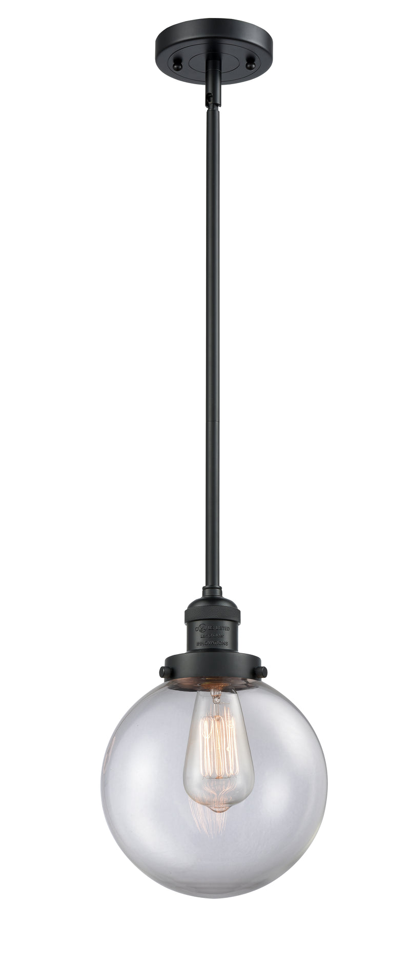 Innovations Lighting Beacon 1-100 watt 8 inch Black Mini Pendant with Clear glass and Solid Brass Hang Straight Swivel 201SBKG2028