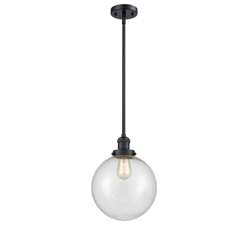 Beacon Mini Pendant shown in the Matte Black finish with a Seedy shade