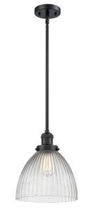 Innovations Lighting Seneca Falls 1-100 watt 10 inch Black Pendant with Halophane glass and Solid Brass Hang Straight Swivel 201SBKG222