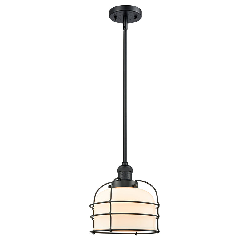 Bell Cage Mini Pendant shown in the Matte Black finish with a Matte White shade