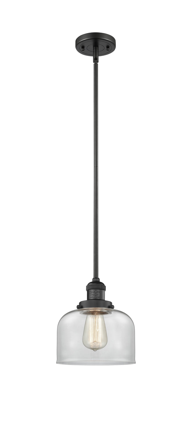 Innovations Lighting Large Bell 1-100 watt 8 inch Black Mini Pendant with Clear glass and Solid Brass Hang Straight Swivel 201SBKG72