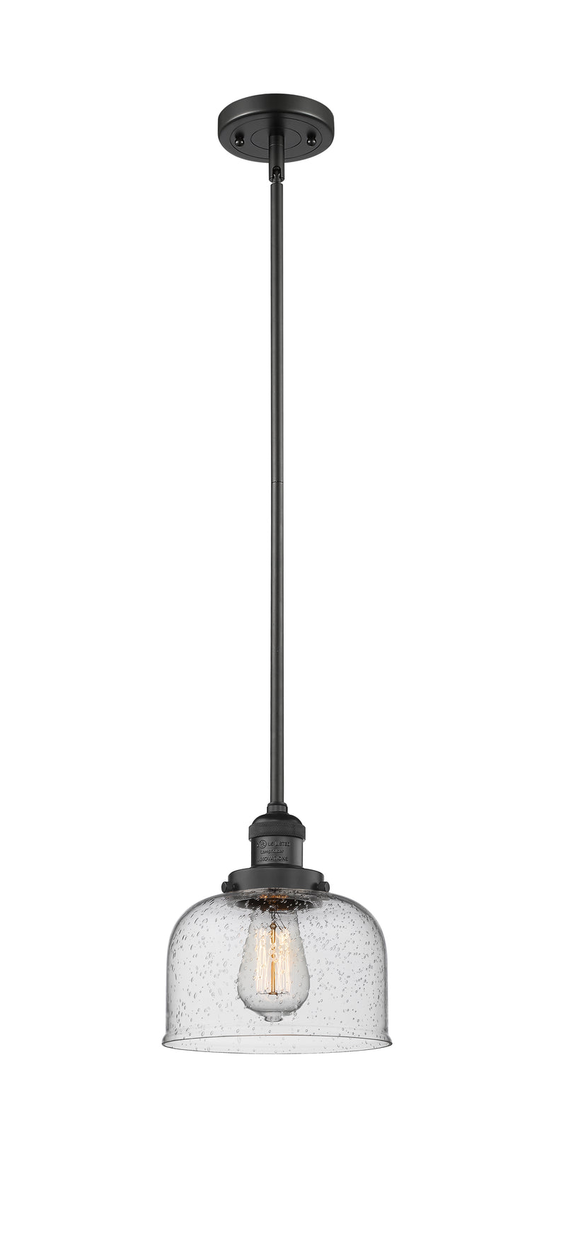 Innovations Lighting Large Bell 1-100 watt 8 inch Black Mini Pendant with Seedy glass and Solid Brass Hang Straight Swivel 201SBKG74