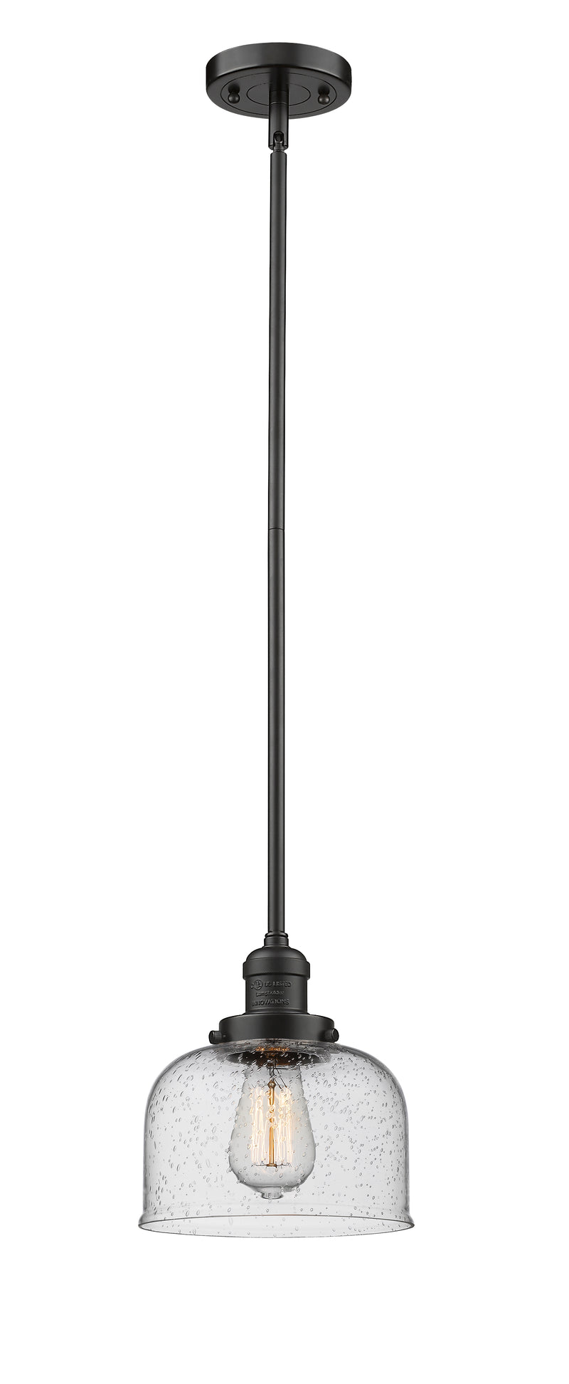 Innovations Lighting Large Bell 1-100 watt 8 inch Oil Rubbed Bronze Mini Pendant with Seedy glass and Solid Brass Hang Straight Swivel 201SOBG74