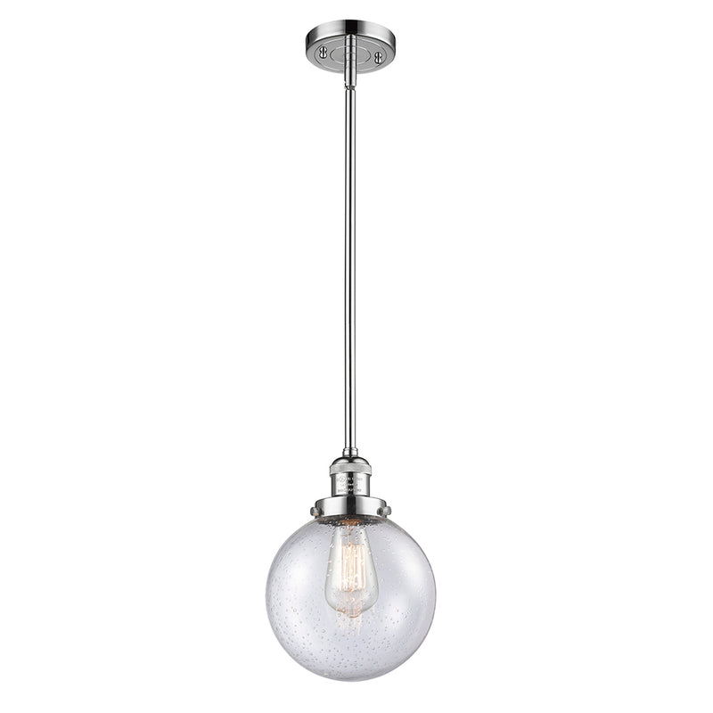 Beacon Mini Pendant shown in the Polished Chrome finish with a Seedy shade