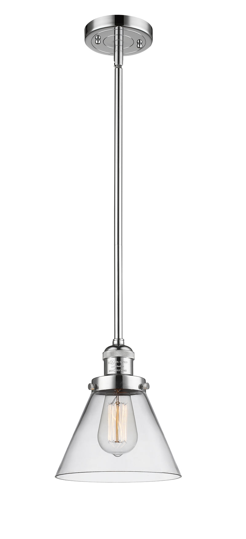 Innovations Lighting Large Cone 1-100 watt 8 inch Polished Chrome Mini Pendant with Clear glass and Solid Brass Hang Straight Swivel 201SPCG42