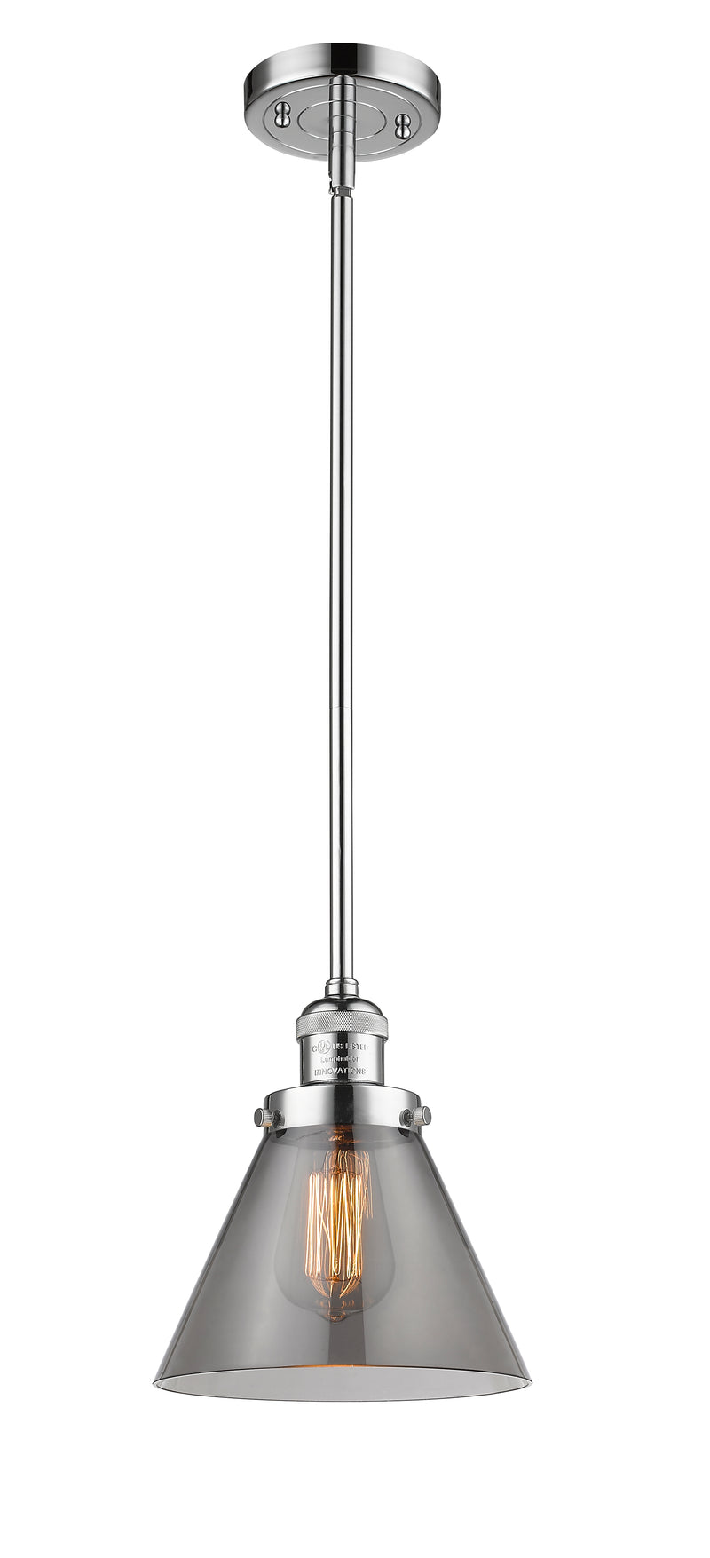 Innovations Lighting Large Cone 1-100 watt 8 inch Polished Chrome Mini Pendant with Smoked glass and Solid Brass Hang Straight Swivel 201SPCG43