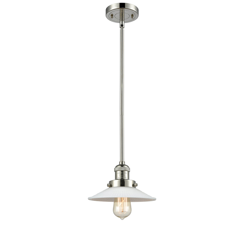 Halophane Mini Pendant shown in the Polished Nickel finish with a Matte White Halophane shade