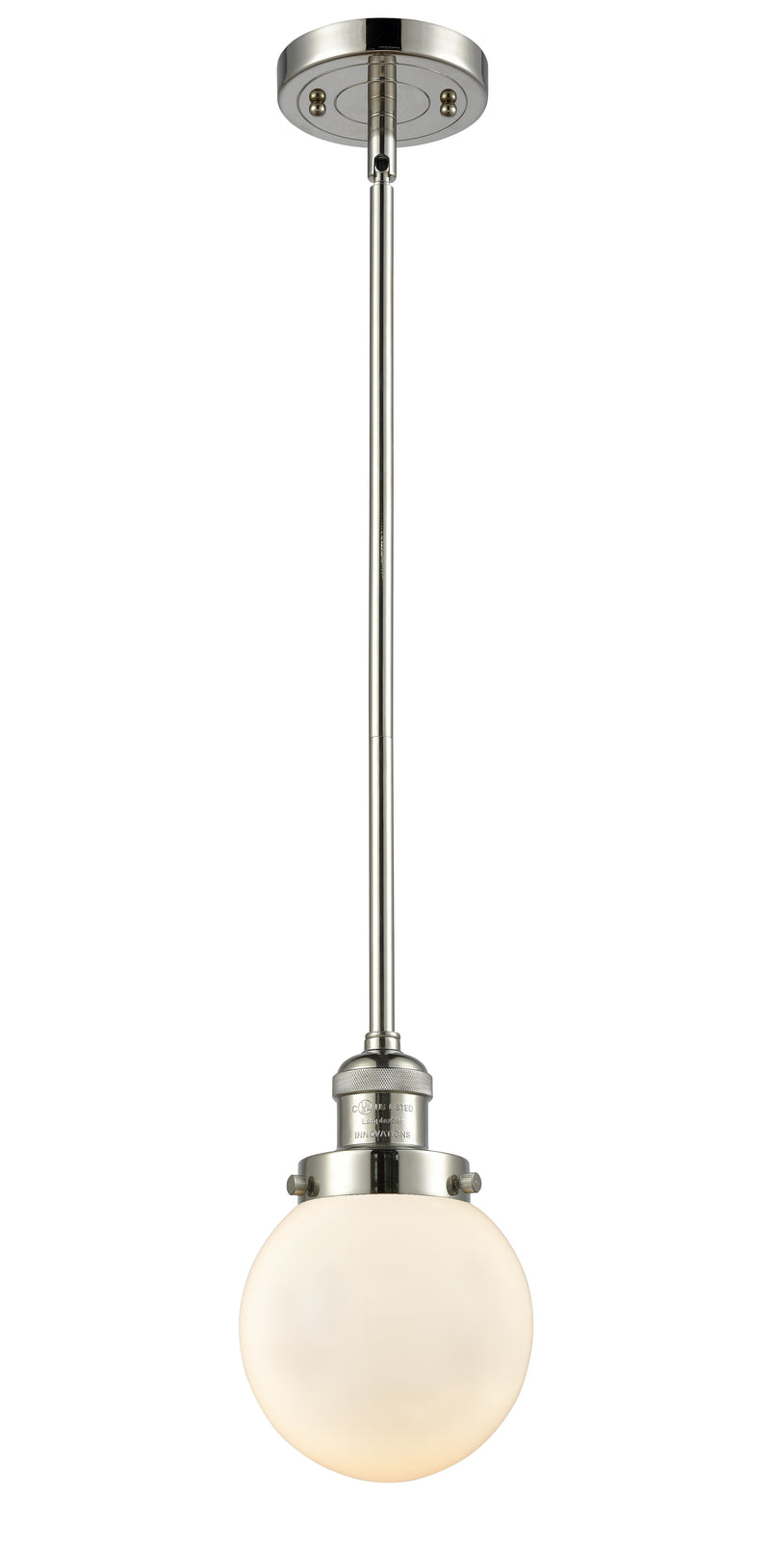 Innovations Lighting Beacon 1-100 watt 6 inch Polished Nickel Mini Pendant with Matte White Cased glass and Solid Brass Hang Straight Swivel 201SPNG2016