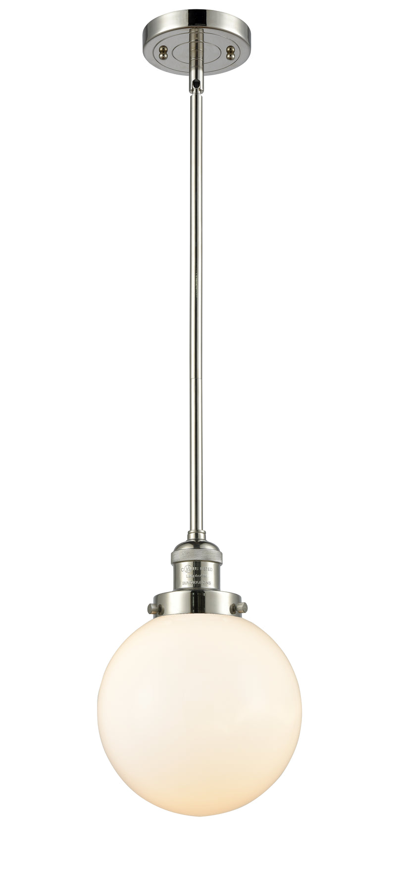 Innovations Lighting Beacon 1-100 watt 8 inch Polished Nickel Mini Pendant with Matte White Cased glass and Solid Brass Hang Straight Swivel 201SPNG2018
