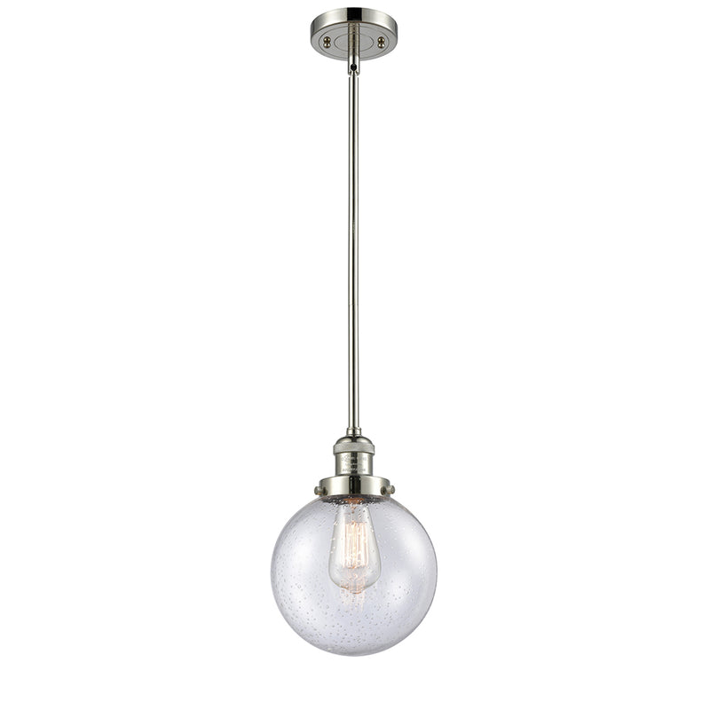 Beacon Mini Pendant shown in the Polished Nickel finish with a Seedy shade