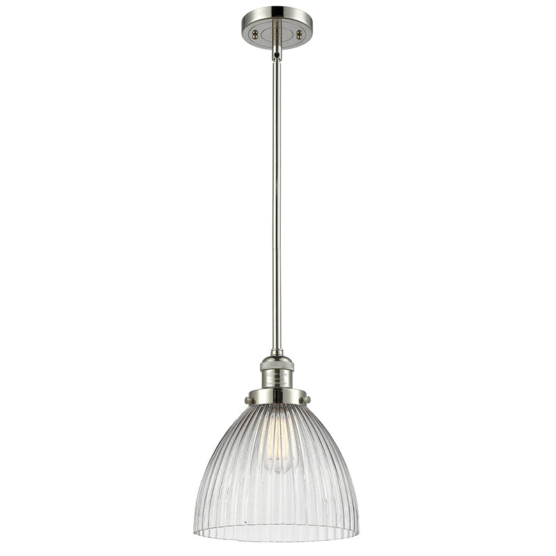 Seneca Falls Mini Pendant shown in the Polished Nickel finish with a Clear Halophane shade