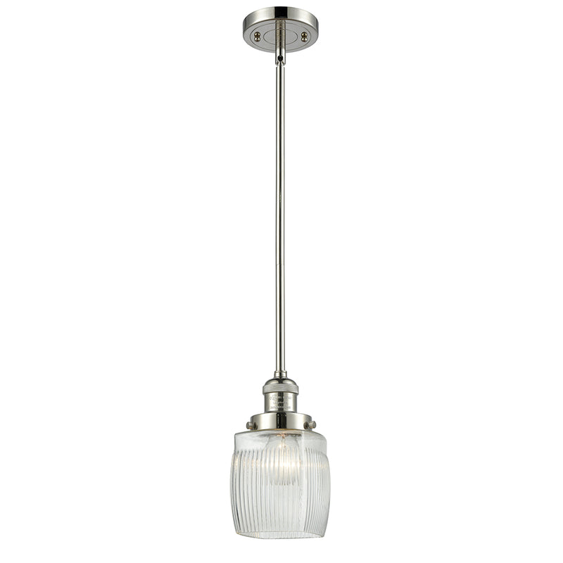 Colton Mini Pendant shown in the Polished Nickel finish with a Clear Halophane shade