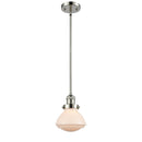 Olean Mini Pendant shown in the Polished Nickel finish with a Matte White shade