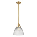 Seneca Falls Mini Pendant shown in the Satin Gold finish with a Clear Halophane shade